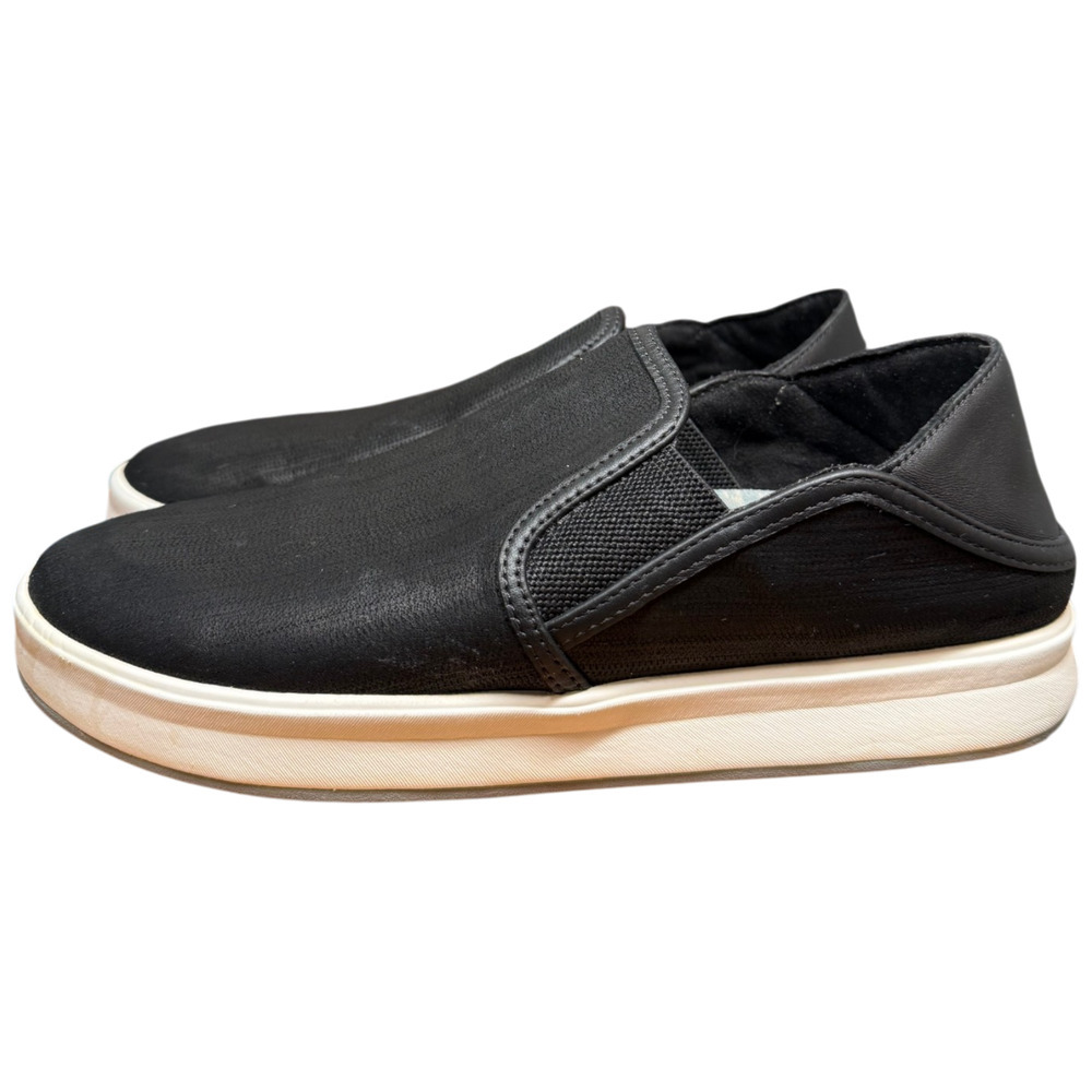 OLUKAI Ki`ihele `lli Women 8.5 Black Leather Slip On Sneaker Collapsible Heel